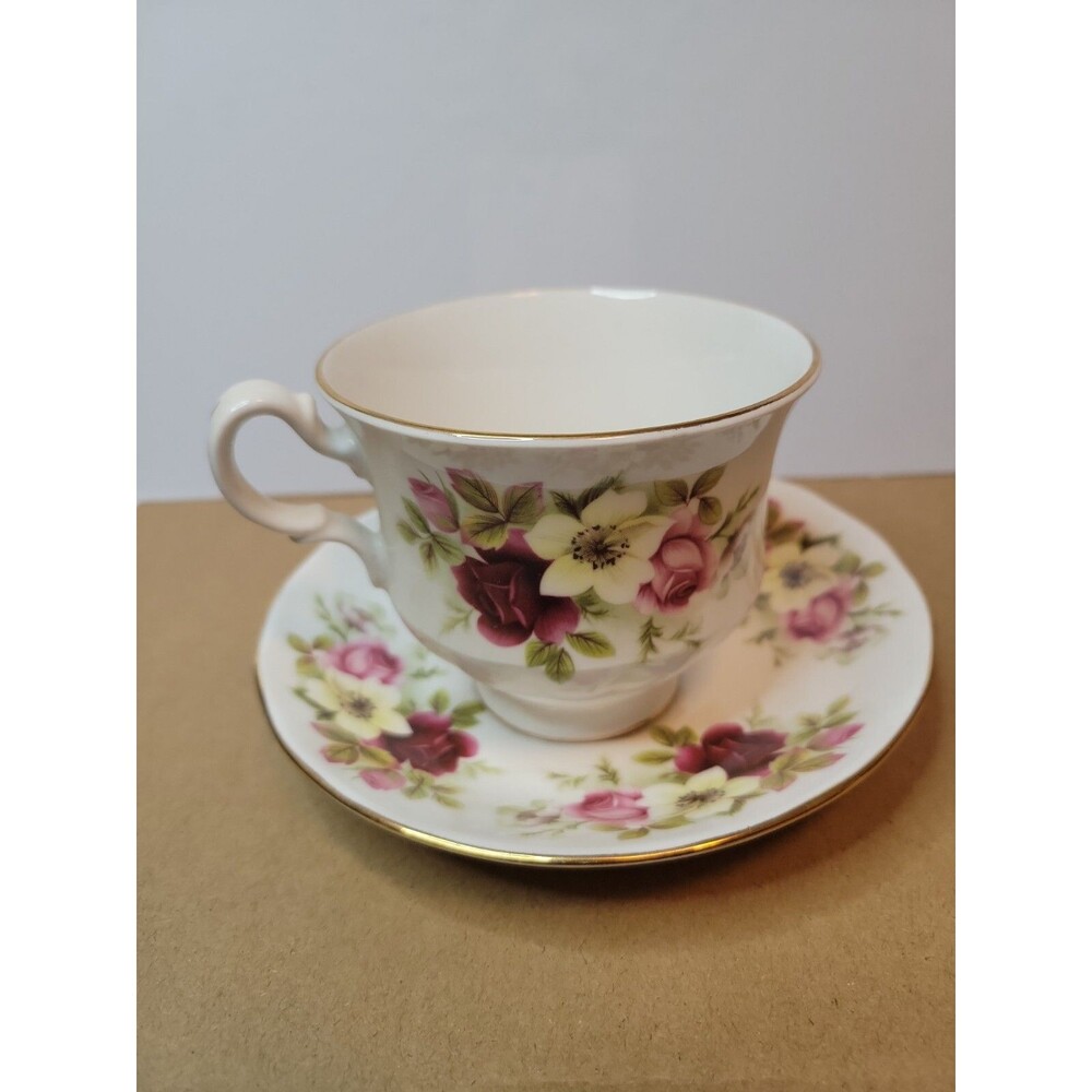 Queen Anne TEA CUP SAUCER Roses Yellow Dark Pink Fine Bone China England Vintage